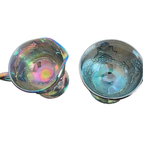 Vintage Harvest Blue Iridescent Carnival Glass Open Sugar Bowl & Creamer Grapes - Picture 10 of 11